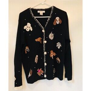 Vintage Womens L Sweater Cardigan Dog Lovers Beaded Applique 90s Black Cozy Chic